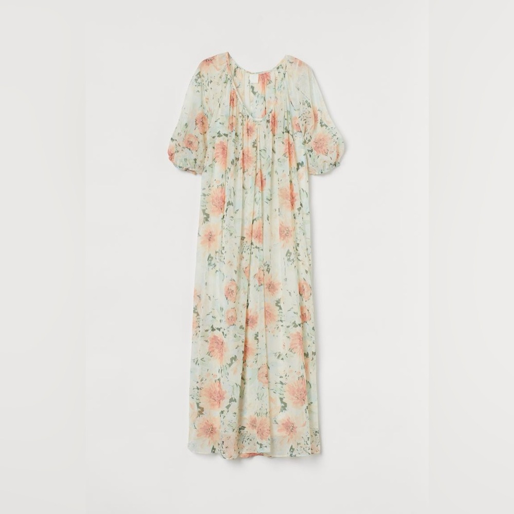 H&M Cream Floral Long V-neck Dress